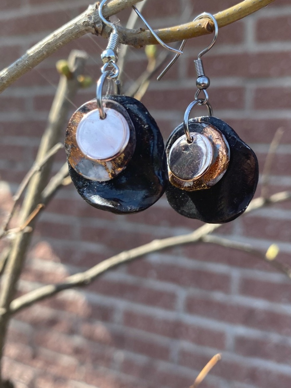 Handmade Black and Gold Layered Clay Disc Earrings